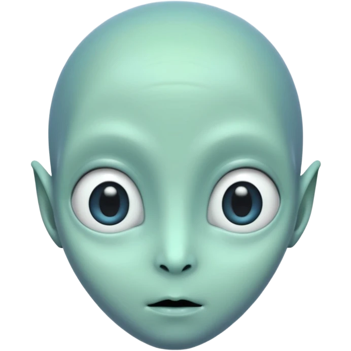 Portrait of an alien with smooth greenish-blue skin, large black oval eyes, small nose, and no visible ears, elongated head, front-facing, calm expression, soft glow, simple futuristic design emoji
