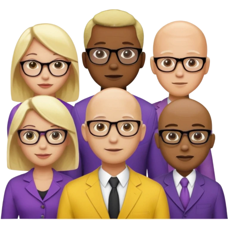 FIVE person team; 2 men and 3 women.  All dressed in yellow or purple.  Women have blonde and ash blonde hair.  1 man is black and bald, 1 man is caucasian and very little hair left.  All have glasses emoji