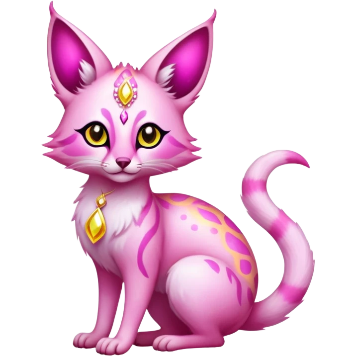 Exotic pastel pink romantic blush light cute lush warm-colored celestial spiritual Fakémon-Fionbri-Vernid-Genet-creature with magenta markings and yellow sparkly shiny shine aura (full body) emoji