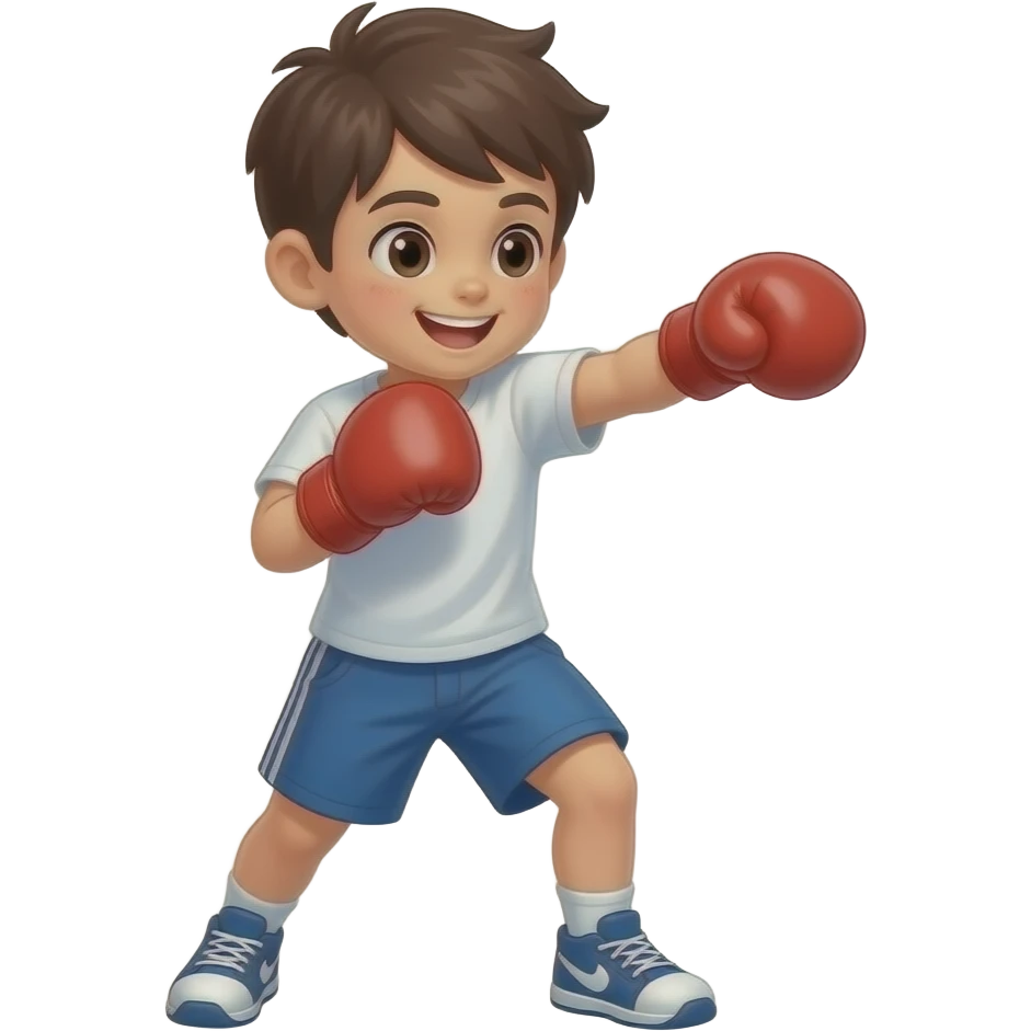Niño de 8 años entrenando boxeo pelo castaño oscuro con mucha energia emoji