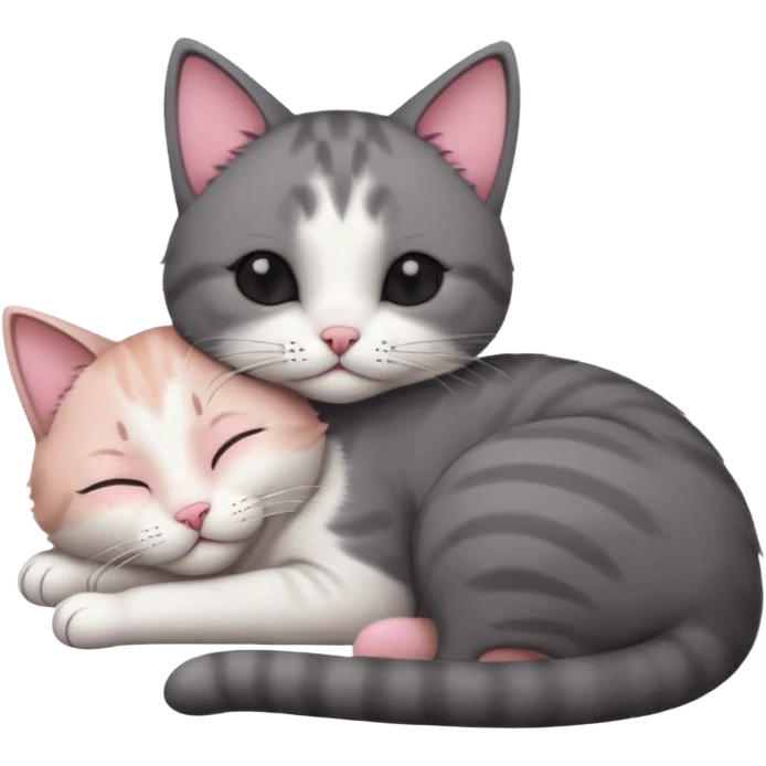 dark grey and white small cat with eyes closed, leaning his head on his paw while leaning on his elbow lying down emoji