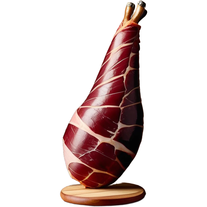 _cinematic-realistic-spanish-ham-leg,-depicted-as-a-massive,-cured-leg-of-jamón-serrano-(ham)-with-a-deep-reddish-brown-hue on the outside,-intricately-marbled-and-slightly-glossy-with-age,-elegantly-displayed-on-a-rustic-wooden-stand-and-bathed-in-warm - jamon prosciutto emoji