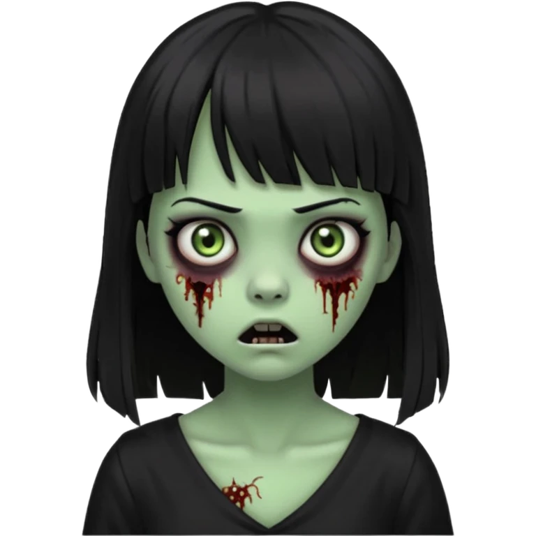 faça uma garota na forma de zumbi com a pele verde, assustada e com os olhos escurod, com o cabelo preto com franja e longo e a roupa decotada preta emoji