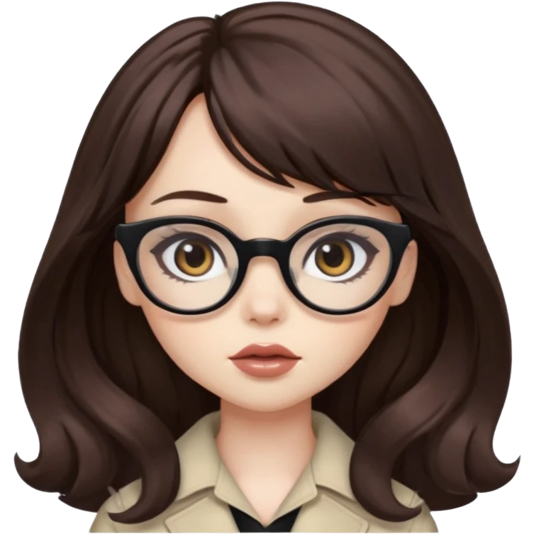 wavy brown long bangs hair, pale skin, dark black iris, pretty bratz baddie, strong black eyeliner, glasses emoji