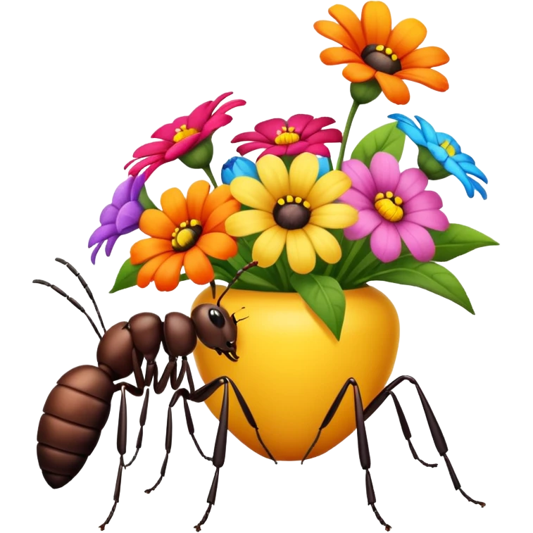 a table with a bouquet of flowers on top and an ant underneath emoji