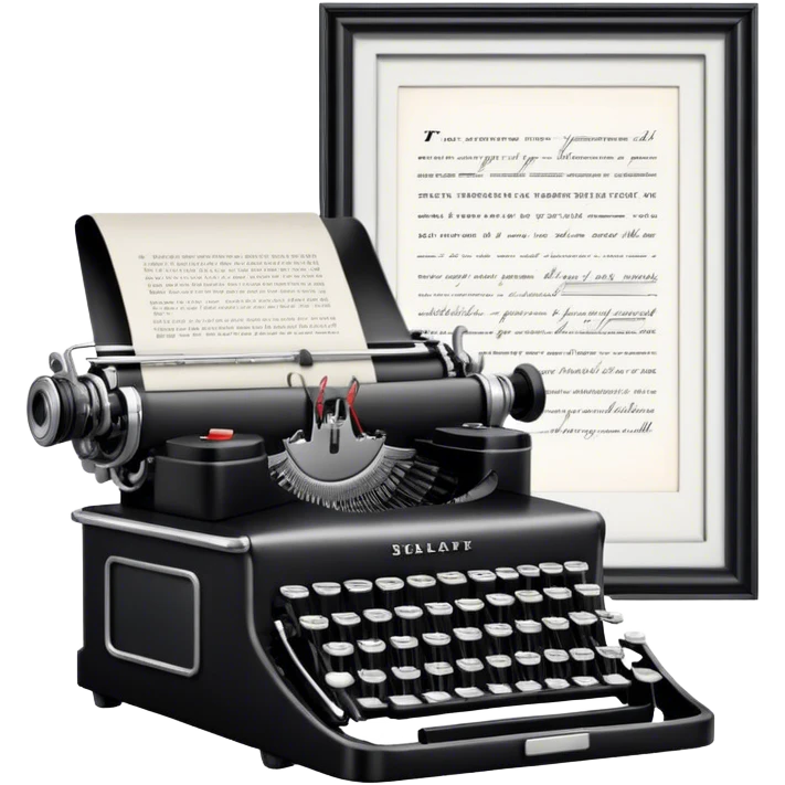 Create an emoji representing screenwriting. The design should feature an open script with visible dialogue and action lines, symbolizing the writing of a screenplay. Include a classic typewriter or a modern writing device, such as a laptop, to signify the process of creating a script. Add a cinema camera next to the script to emphasize the cinematic aspect of screenwriting. Use a professional color palette with black, white, and subtle metallic tones. Do not include any emojis or smiley faces. Make the background transparent. emoji
