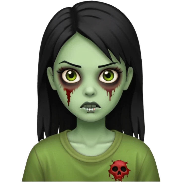 Faça uma zombie verde com olhos castanhos, cabelos pretos liso e com estilo baddie y2k emoji