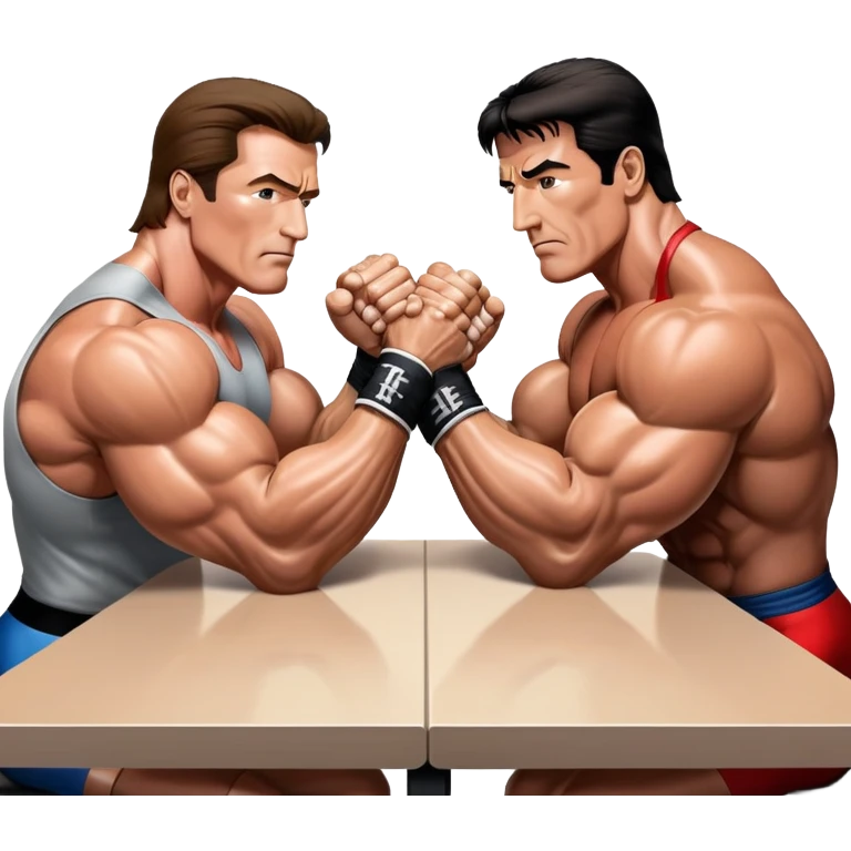 Arnold Schwarzenegger VS Sylvester Stallone from 'Over the Top,' locked in an arm wrestling battle, using only their right hands. Their left hands rest on the table. Both display immense strength, with muscular arms flexing, under bright competition lights. Transparent background. emoji