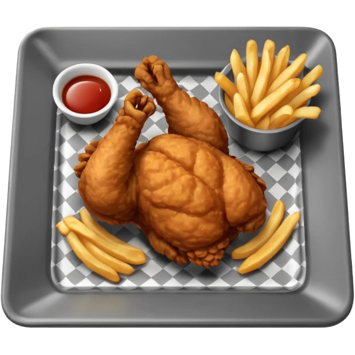 Fried chicken with fries in a grey rectangle plate with paper black and white  emoji