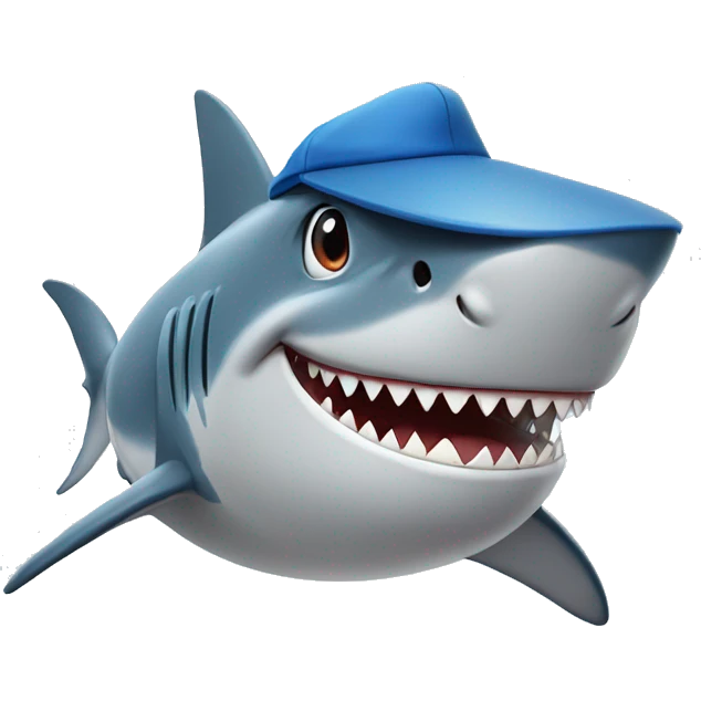 Shark looking happy, wearing a baseball cap and blue glasses emoji