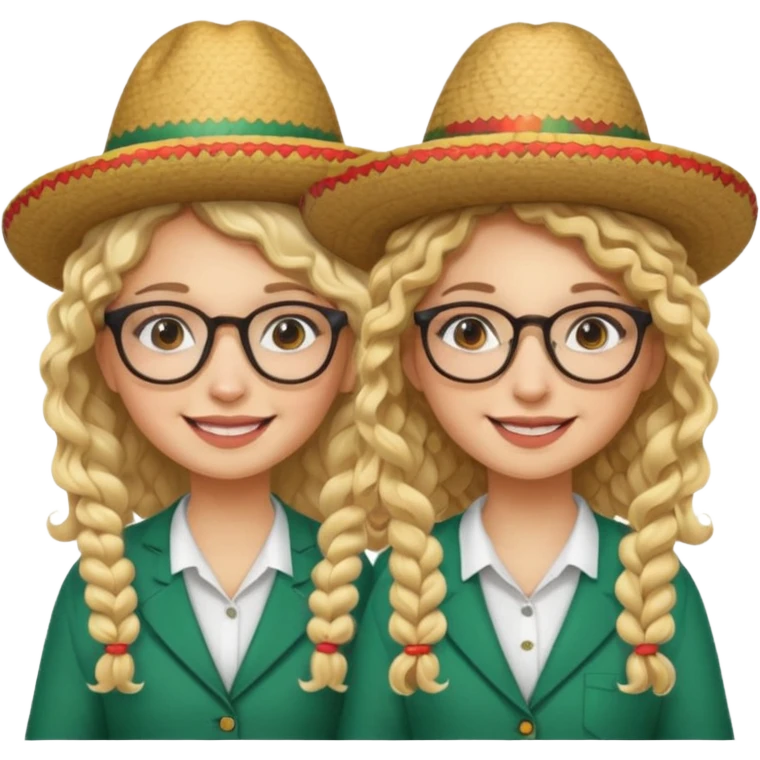 2 blonde girls, one with curly hair and glasses and the other with straight hair and glasses. both wearing Mexican hats emoji