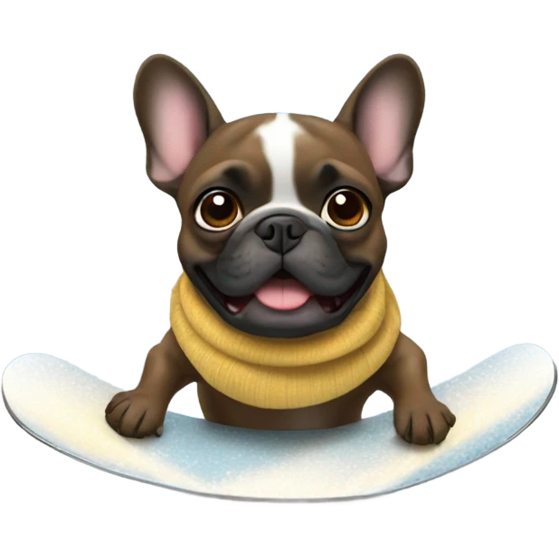 A brindle french bulldog snowboarding emoji