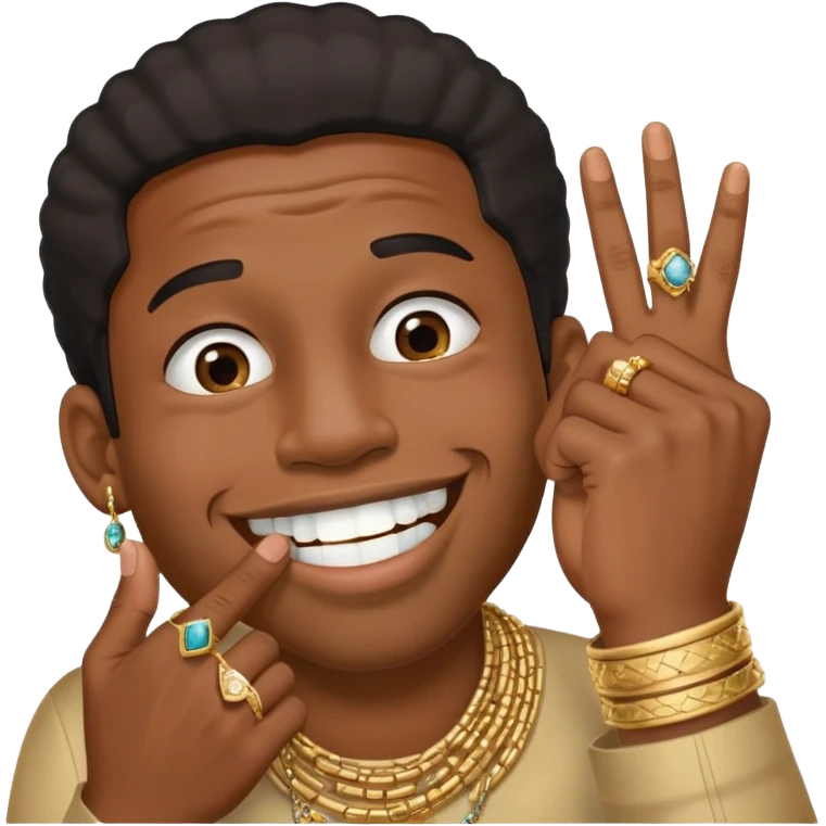 Giggling black man with jewelry covering his mouth with his right hand with one thumb and four fingers only emoji