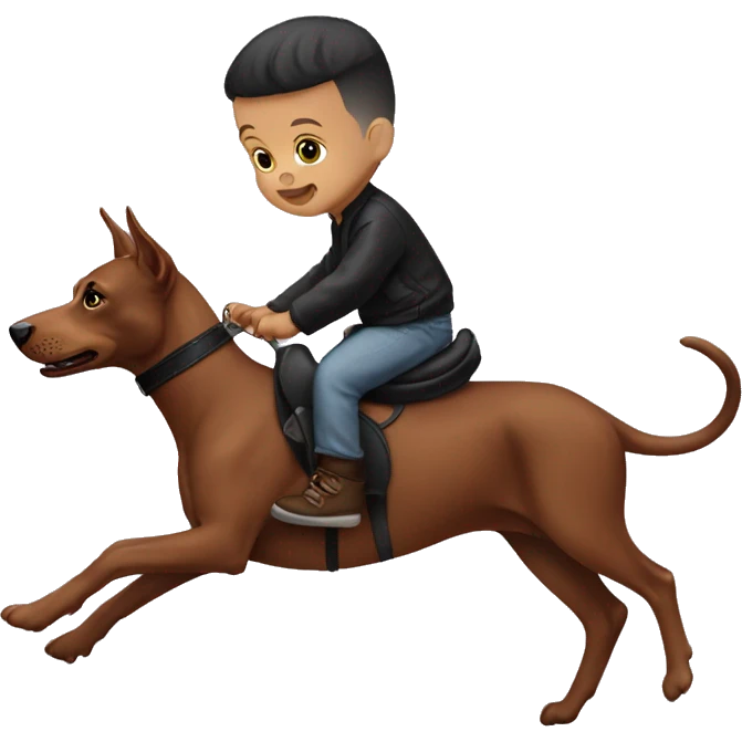 A bald newborn baby boy riding a Doberman like a horse emoji