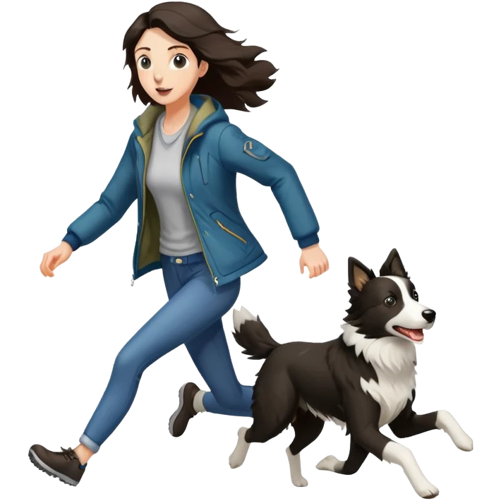 A beautiful tall girl with fair skin wearing a jacket chasing a Border Collie emoji