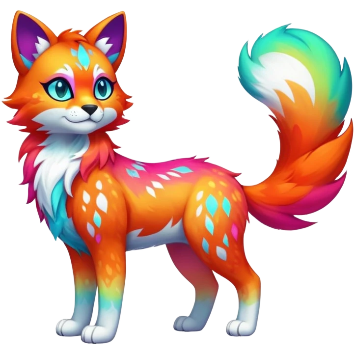 Vibrant multicolored neon-colored Falvie-Fionbri-creature-sparkle-feline-canine-hybrid-fursona, full body, fur pattern-markings emoji