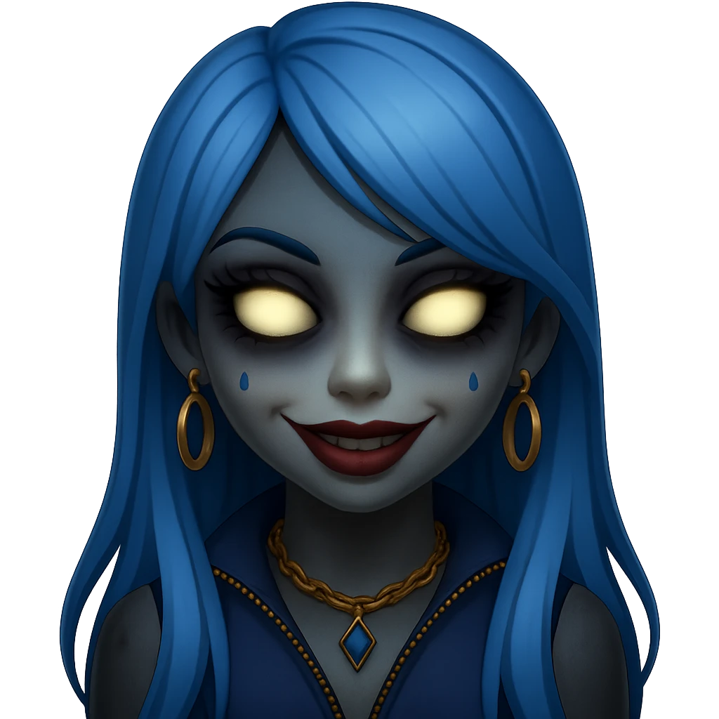 Make the character look creepy while keeping the gyaru style, blue hair, pretty makeup, and bratz baddie vibe. The style should resemble emoji style with no background. emoji