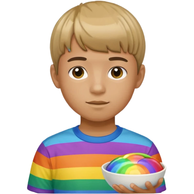 Teenage boy wearing a rainbow shirt and has a bowl cut emoji