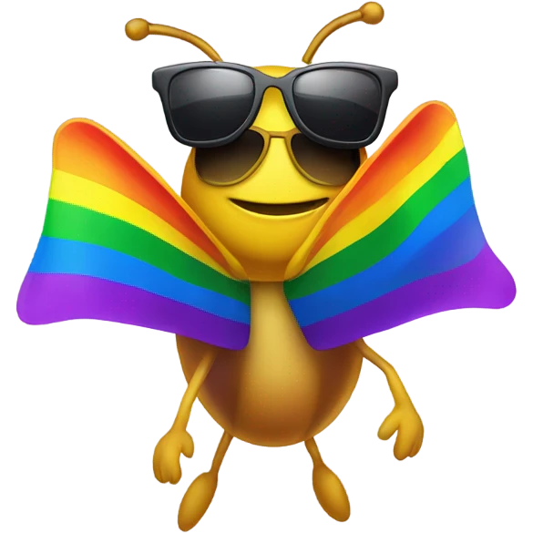 Lightning bug illuminated with sunglasses holding a rainbow flag emoji