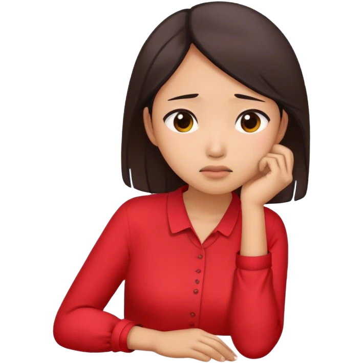 Asian woman wearing red blouse feeling worried while resting her chin on her right hand emoji