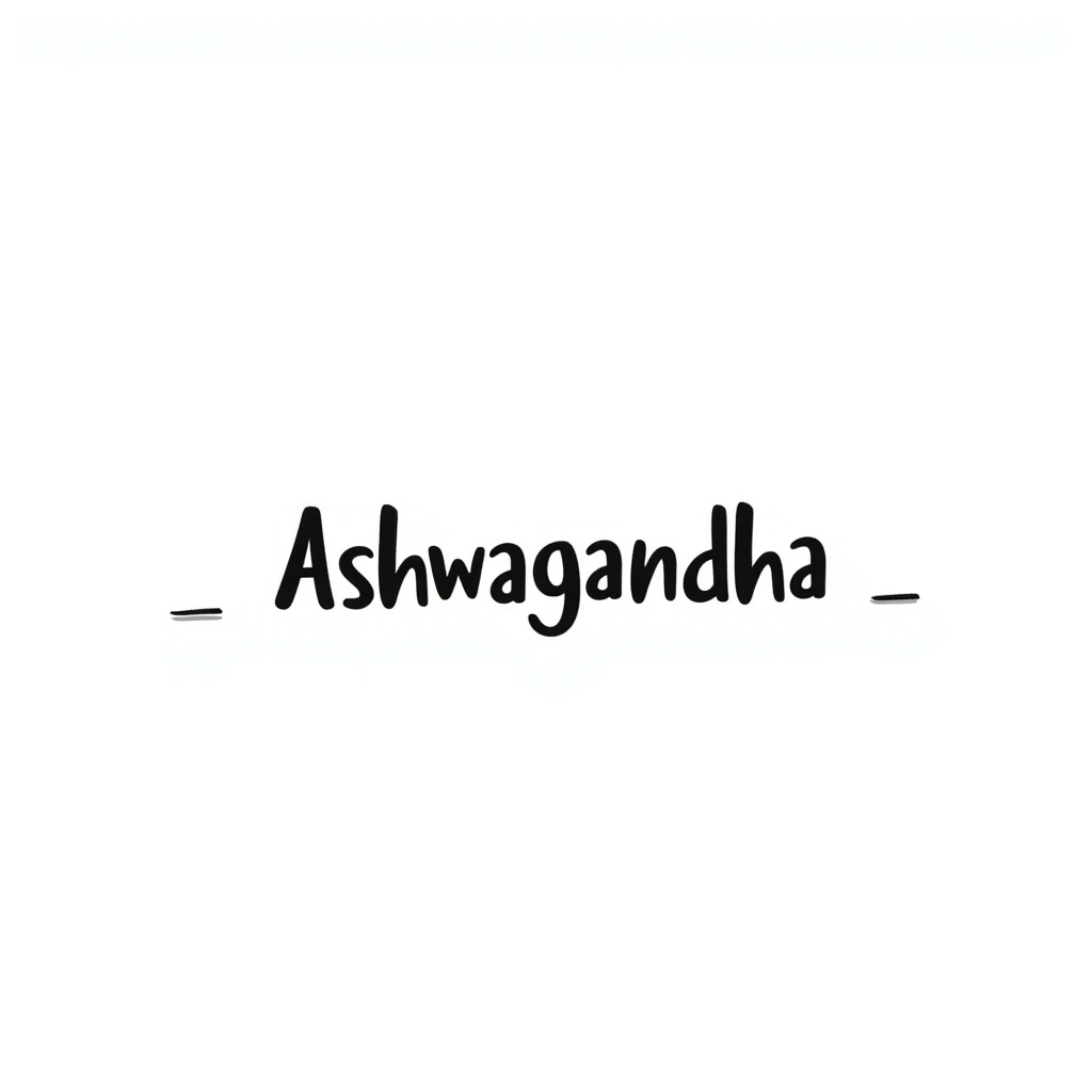 The word "Ashwagandha" hand-drawn in a simple style with minimal colors. The text should be clean and readable with just a few essential color accents. emoji