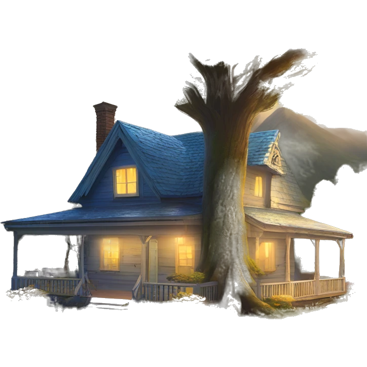  very very big Cabin near a big tree.  Thick moss growing on the roofs. grass fields. porch lights turned off. bright white interior lights turned off. guests sitting in chairs on the porch, flowers and bushes are yellow and blue. emoji