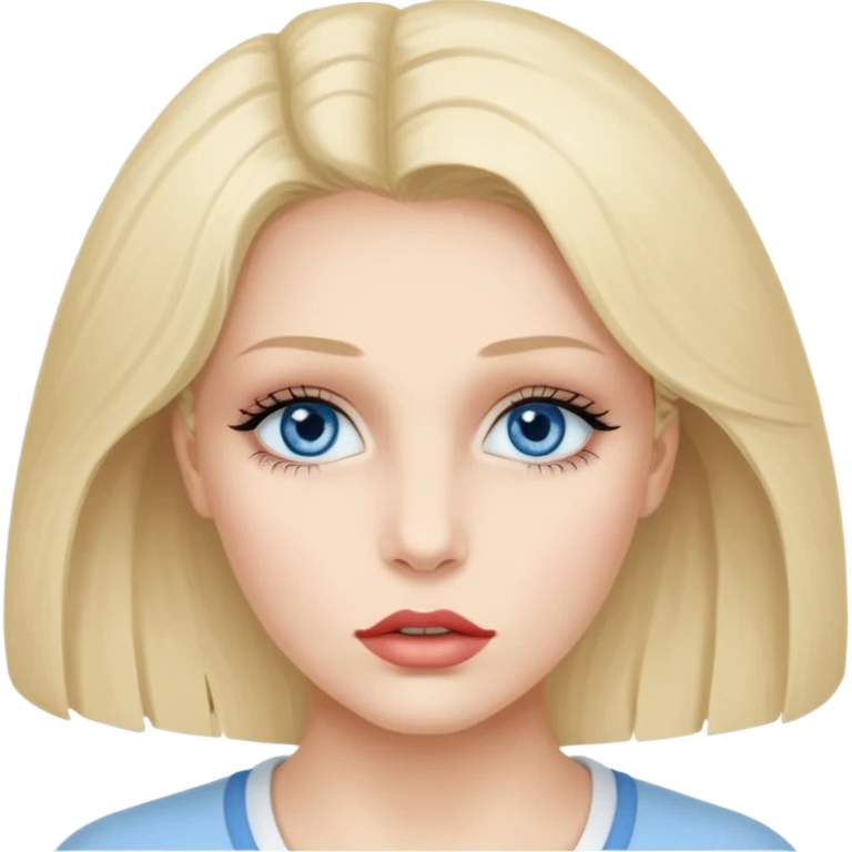 Bonnie Blue Porträt einer jungen Frau mit ovalem Gesicht, großen hellblauen Augen, langen Wimpern und geschwungenen Augenbrauen. Gerade, feine Nase und volle Lippen mit sichtbarem Lächeln. Glatte, leicht gebräunte Haut mit natürlichem Glow. Schulterlanges, blondes Haar mit Locken und Mittelscheitel emoji