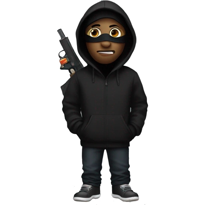 Man with black hoodie and ski mask holding a black water gun emoji
