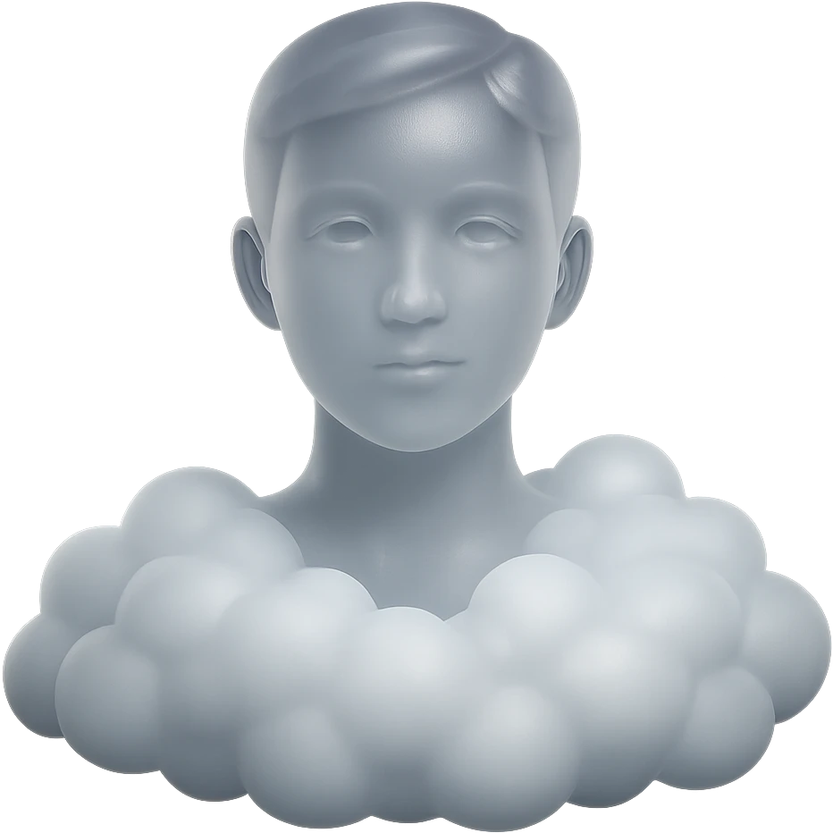 person looking straight ahead, shoulders immersed in fluffy, voluminous white clouds, matte glass style, focus on volume of clouds, no background emoji