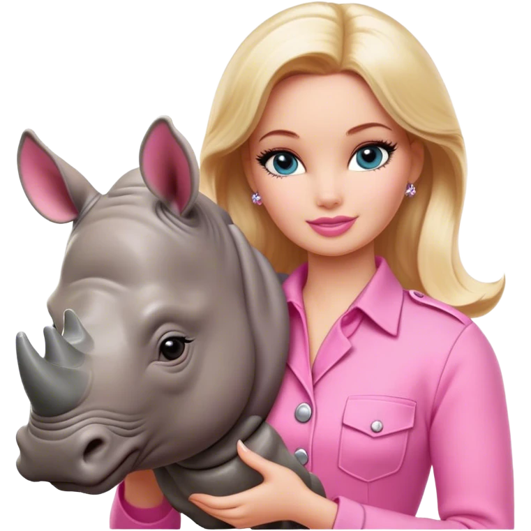 Blonde zookeeper Barbie, pink outfit, petting a rhino emoji