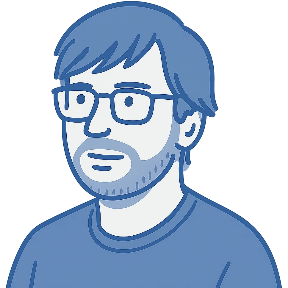 A thoughtful man with rectangular glasses, messy longer hair with side-swept bangs, a round-shaped face but not chubby, a slightly wider nose, and a neat short beard. All line work in blue tones instead of black. emoji