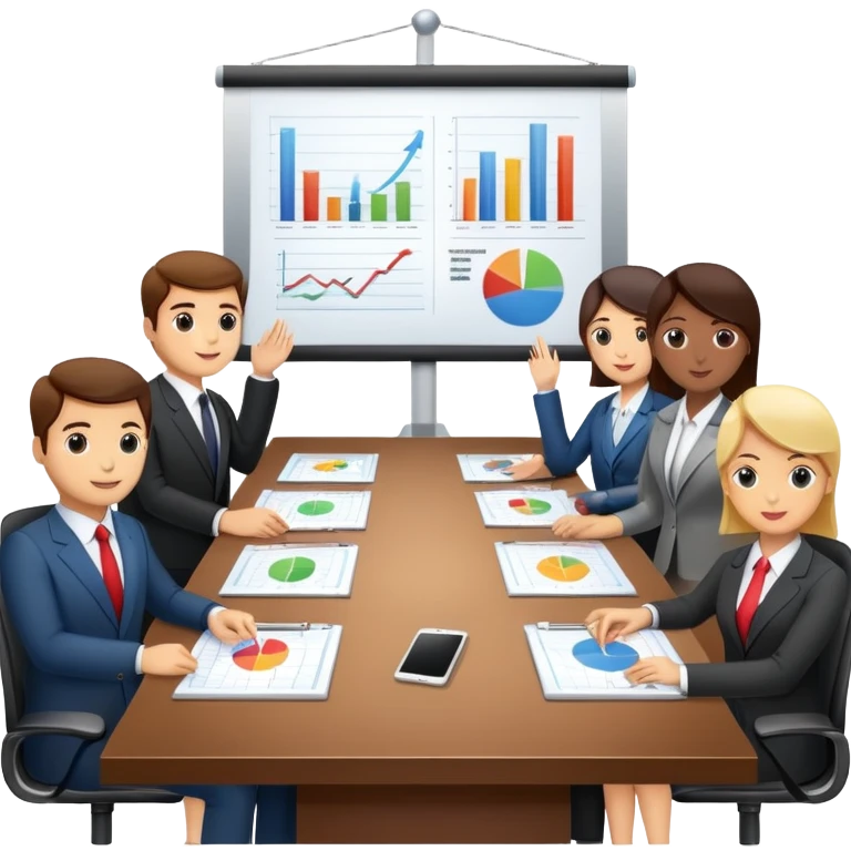 boardroom meeting with people presenting charts on a large table emoji