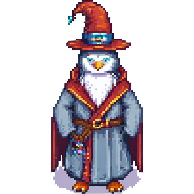 penguin wizard with a long beard and robe, pixel art style emoji