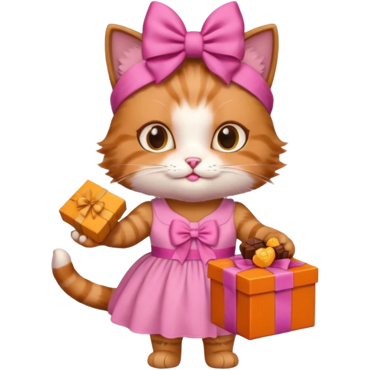 گربه ای سفسد نارنجی که جعبه شکلات دستشه لباسش صورتیه و پاپیون صورتی رو سرشه emoji