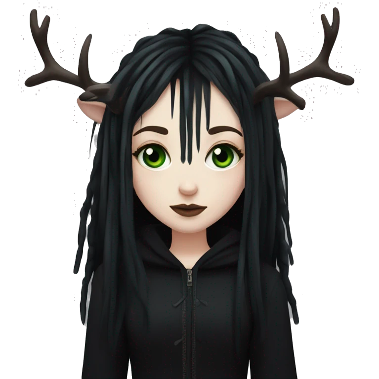 gothic girl, pale skin, green eyes, black dreads, bangs, black clothes, eyeliner, deer antlers  emoji
