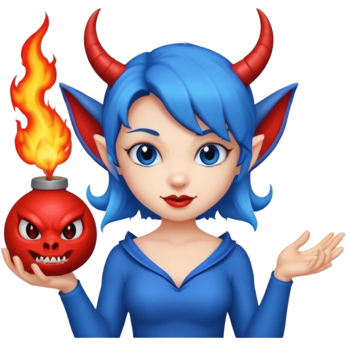 Female devil Cute blue imp holding fireball,  cute face, half body emoji