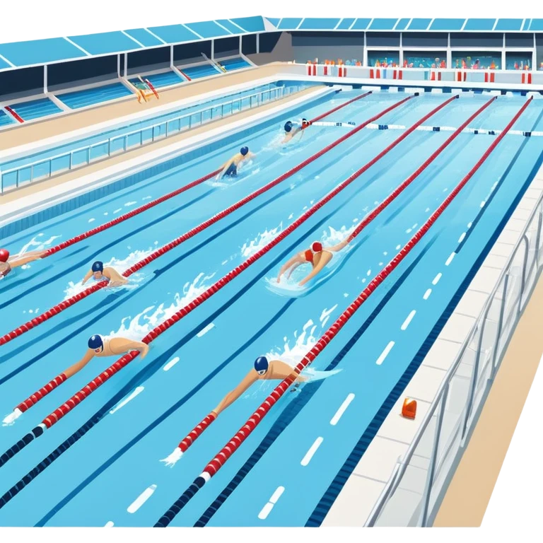 An icon featuring an Olympic swimming pool with multiple lanes and swimmers racing side by side. Splashes and lane dividers highlight the competition atmosphere. Transparent background emphasizes the energy, speed, and intensity of professional swimming events. emoji