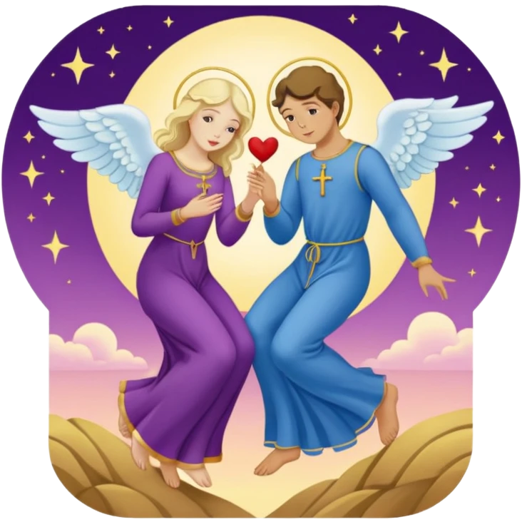The Lovers tarot card emoji, inspired by Rider Waite Smith deck, two figures with angel above, concise, colorful emoji