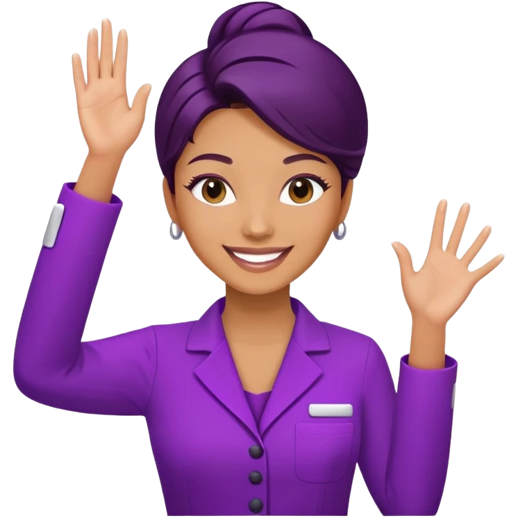 Woman cosmetologist in purple salon uniform with hand raised, smiling emoji