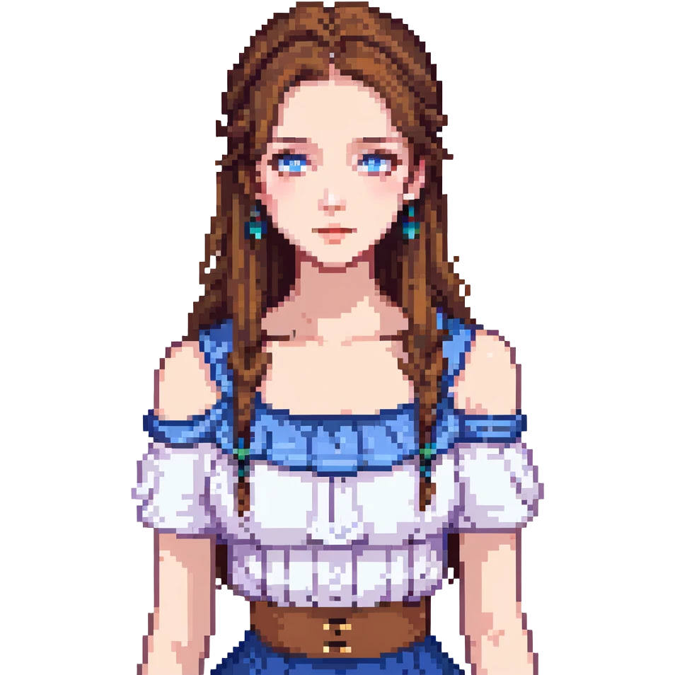 Icon of a beautiful girl with long brown hair, blue eyes, and a nice hairstyle, wearing a nice top that shows her collarbones emoji
