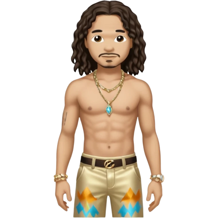 Bizzy Bone with long dark brown hair, light tan skin, shirtless with necklace, metallic cream pants emoji