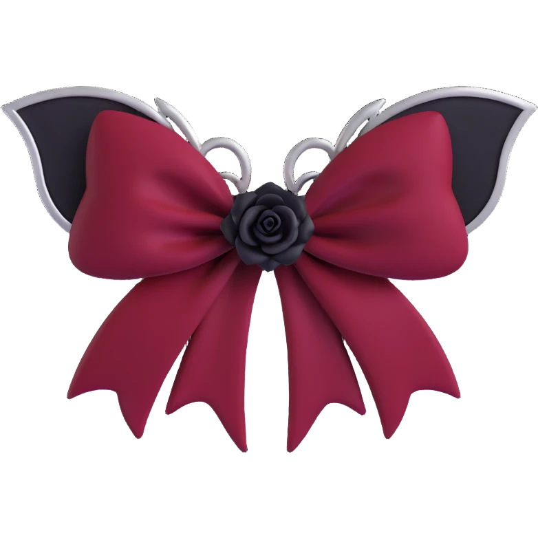 gothic bow, deep crimson velvet, silver bat charm, black rose center, rich and gothic emoji