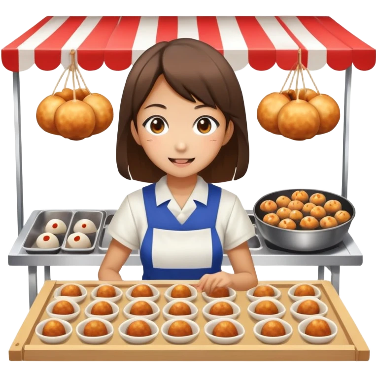 Japanese high school girl at cultural festival running food stall with takoyaki emoji