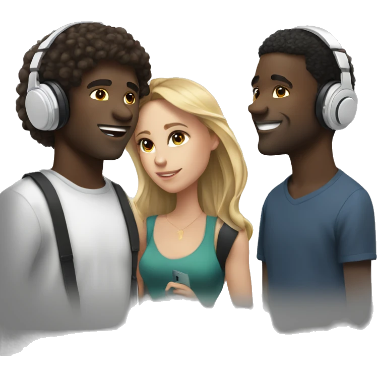 2 black guys and 1 white girl with headphones listening to music  emoji