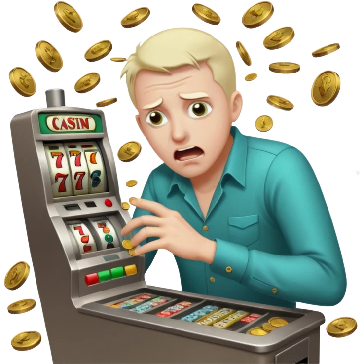 crazed man frantically scraping a casino slot machine, losing all his money, wild expression, coins spilling out emoji