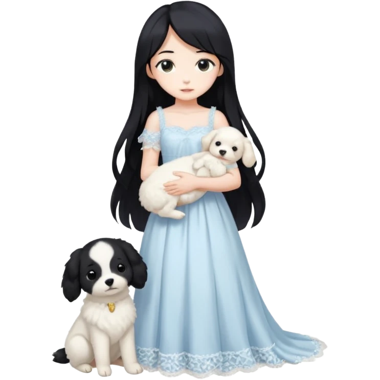 Pastel anime lady long hair with long lace dress full body holding puppy aesthetic background emoji