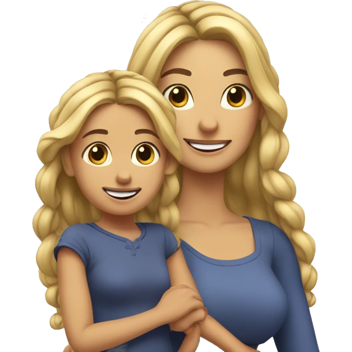 An emoji of a blonde mother with long hair, standing next to her 3-year-old daughter with black braided hair, both smiling emoji