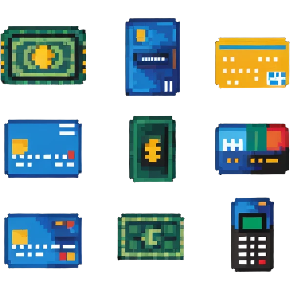pixel art icons of payment methods: credit card, cash, mobile pay, contactless emoji