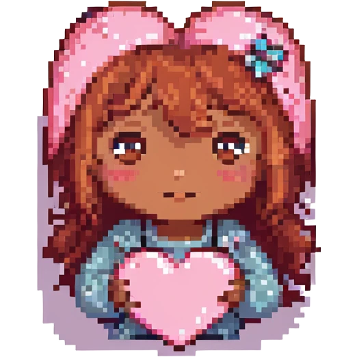 pixel art of a pink heart with a girl with red hair, brown eyes, brown skin peeking from behind the heart emoji