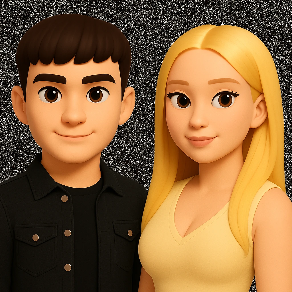 Slightly increase the volume of the upper body of the girl, separate the girl and the boy from each other, and make the skin color the same for both characters. Maintain the cartoonish 3D style as in the reference image. emoji